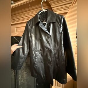 Genuine Black Leather Double-Breasted Women's Coat